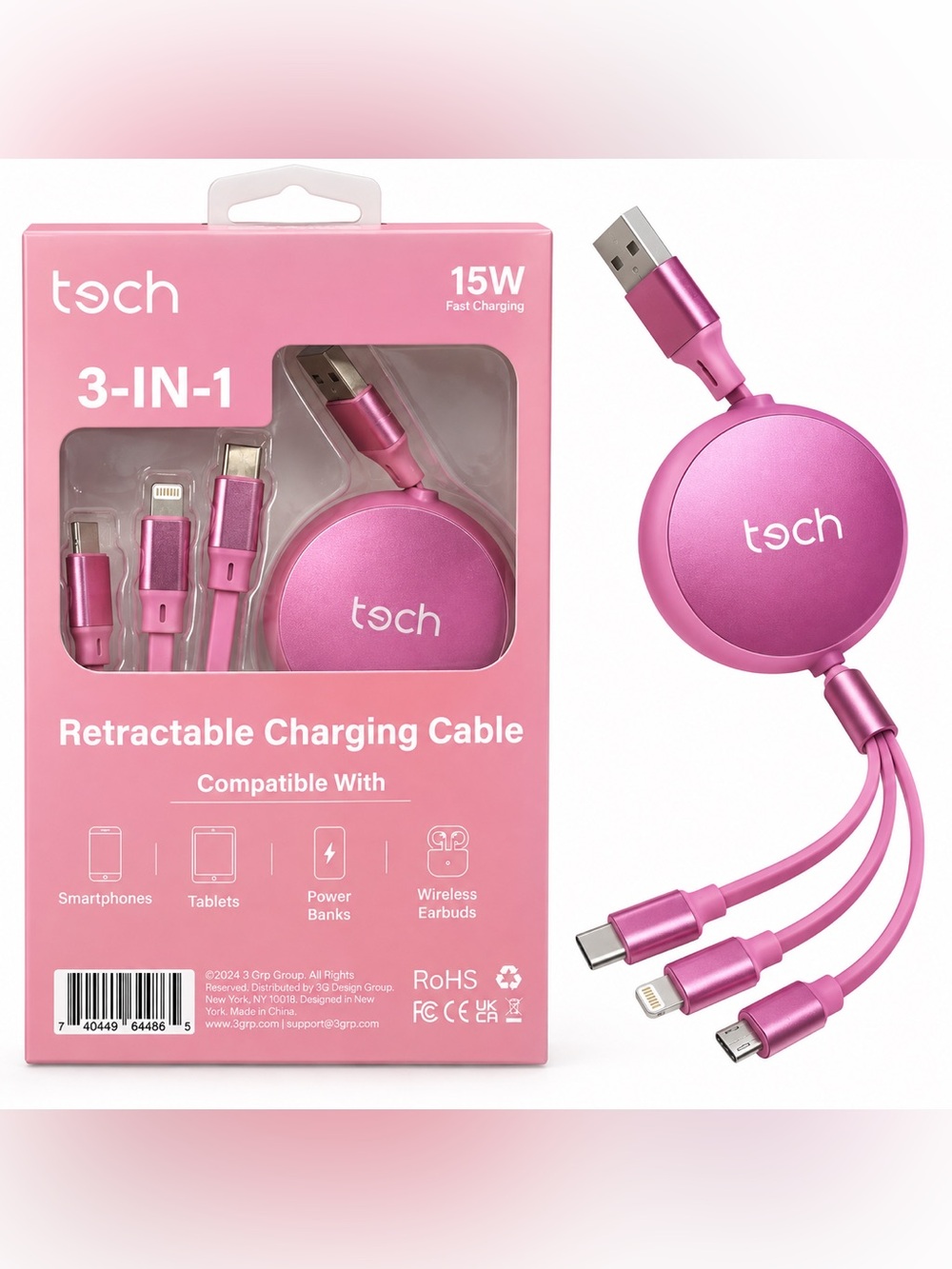 3-in-1 Retractable Charging Cable - Pink